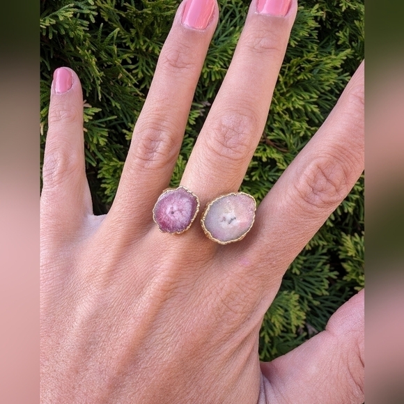 Artisan Handmade In Morocco Adjustable Boho Chic Double Geode Gold Ring Size 10 - Picture 2 of 8